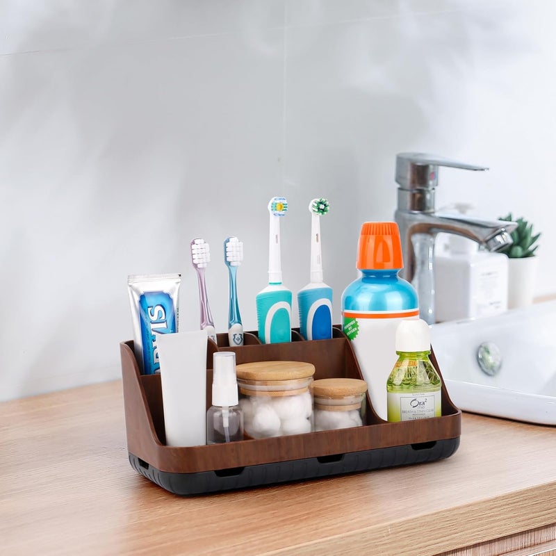 GFWARE Wood Toothbrush Holders for Bathrooms Countertop Organizer - Detachable 7 Slots Kid Bathroom Decor and Accessories, Wooden Bathroom Sink Storage Organization, Caddy, Tray, Brown - Image 2